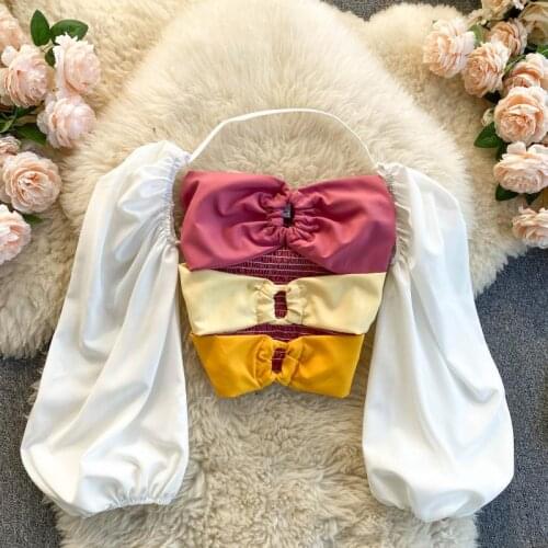 Color Patchwork summer crop top women Strapless backless Sexy club tank top Puff Sleeves Loose Fit cropped