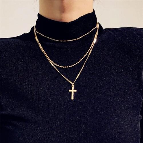 Mling Bohe Multi-Layer Chains Necklaces Women Charm Fashion Gold Color Cross Pendant Necklace Jewelry collares de moda kolye E5