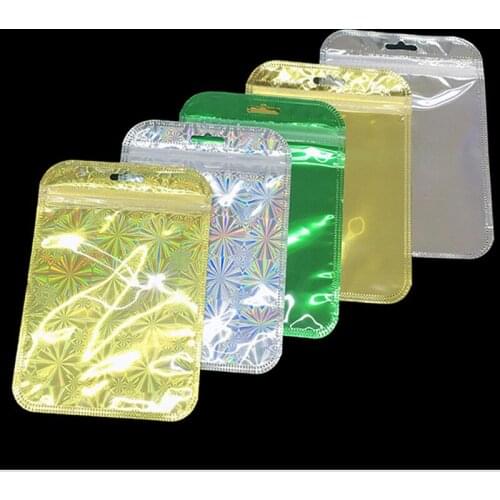 100pcs/lot Laser gold/silver aluminum foil bag self sealing plastic jewelry data line storage bags zip lock baggies package