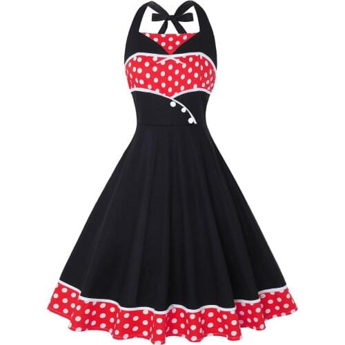 2021 Halter Women Party Dress 50s 60s Retro Vintage Elegant French Style Polka Dot Patchwork Sleeveless Pinup Rockabilly Dresses