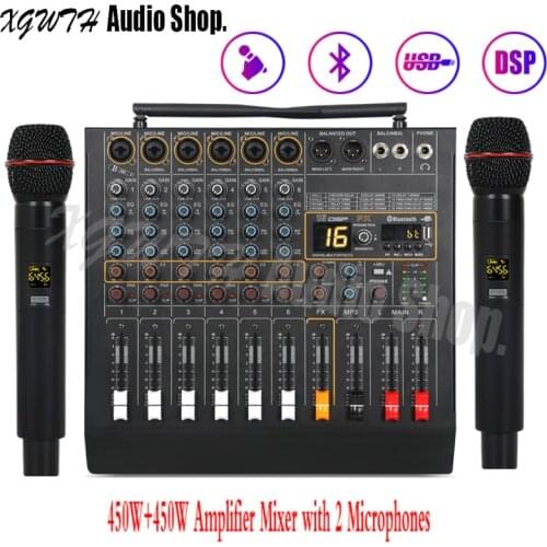 6 Channel 16 DSP Digital Effect Power Amplifier Studio Audio Mixer Bluetooth USB Mixing Console 2 Handheld Wireless Microphone