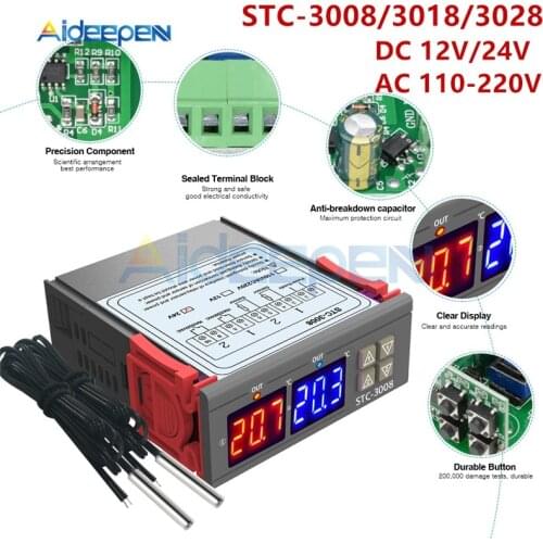 STC-3008 3018 3028 AC 110V 220V DC 12V 24V 10A Dual Digital Temperature Controller Hygrometer Heating Cooling Two Relay Output
