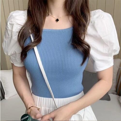 Puff Sleeve Square Collar Short Sleeve Summer Sweet Elegant Exposed Clavicle Knitted Stitching T-shirt Female Clothing Wholesale