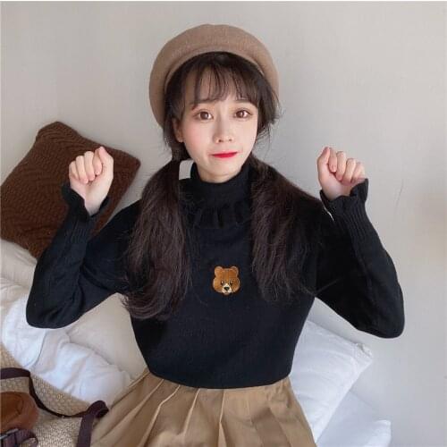Harajuku Cute Bear Girl Sweater Vintage Knitted High Neck Kawaii Female Pullover Women Turtleneck Ruffle Slim Jumper White Black