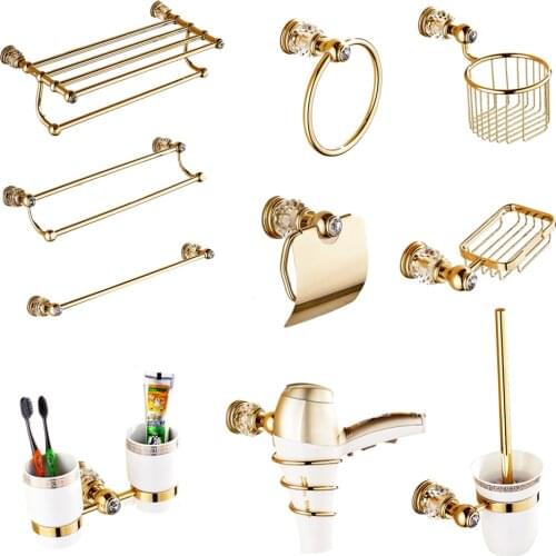Luxury Gold Crystal Bathroom Accessories Set Brass European Bathroom Hardware Set Toothbrush Holder Metal Shower Rack Basket