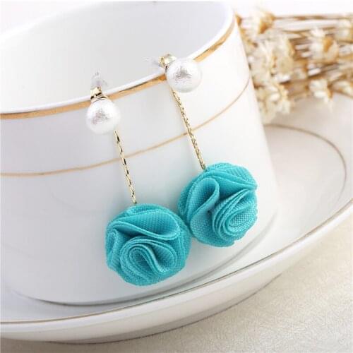 2019 New Trendy Korean Style Fashion Pearl Blue /coral Flower Ancient Beautiful Cloth Art Long Earrings For Women wholesale