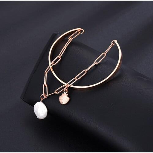 New Stainless Steel Rose Gold Color Open Scallop White Beads Chain Bracelet for Women Party Bijoux Luxury Korean Fashion Jewelry