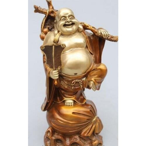 Wholesale factory 11" China Buddhism Scarce Royal Bronze Gild Lucky Maitreya Buddha Statue AE1024 AB1025