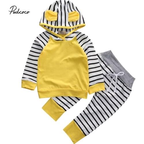 Pudcoco Baby Boy Autumn Clothes Yellow Long Sleeve Hooded Tops+Striped Pants Trousers Casual Infant Boys Spring Outfits Set 0-3T