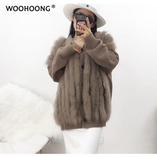 Natural fox fur coat knitted sweater striped ladies warm knitted coat autumn coat needleworkFur Real fur Bat Wool sweater