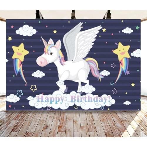 Pegasus Baby Birthday Backdrops Photo Decor White Wings Unicorn On Clouds Glitter Stars Personalized Kid Photography Background