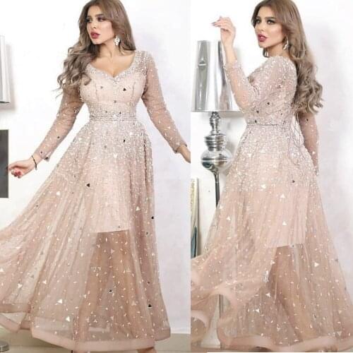 SuperKimJo 2021 Champagne Prom Dresses Long Sleeve Crystals Beaded Elegant Luxury Sparkly Arabic Prom Gown Vestidos De Gala