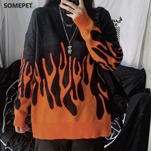 Harajuku Pullovers Women Men 2020 Autumn Sweaters Casual Loose Flame Pattern Aesthetic Grunge Couple Clothes High Street
