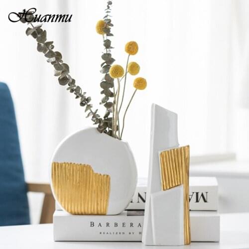 Luxury Gold Inlay Vase Ceramic Painted Wave Pattern Dried Flower Living Room Ornaments Decoration Creative Home Art Pot de fleu