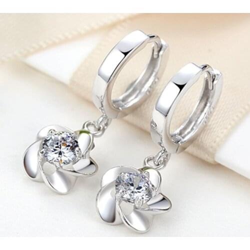 Hot Sale Promotion 2017 New Fashion Shiny Zircon Flower Design 925 Sterling Silver Drop Earrings for Women Girls Jewelry Gift