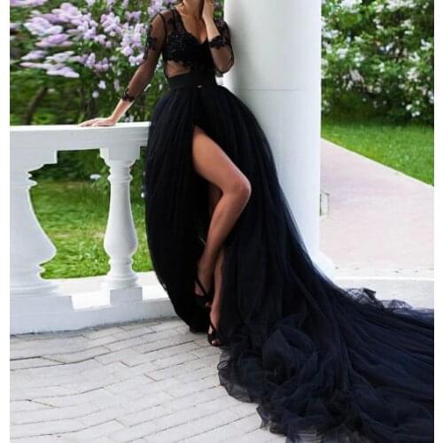 Black Tulle Wedding Skirt with Long Train High Slit Women Maxi Skirt A Line Court Train Prom Gown Photo Shoot Zipper tulle skirt