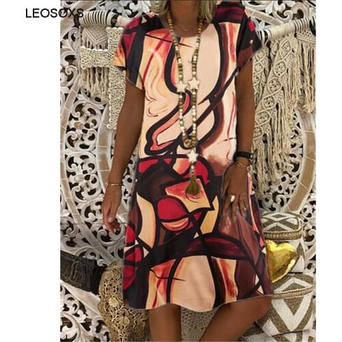 Summer Light Dresses 2021 Irregular Print Short Sleeve Dress Elegant Casual Round Neck Vintage A-Line Knee-Length Dresses