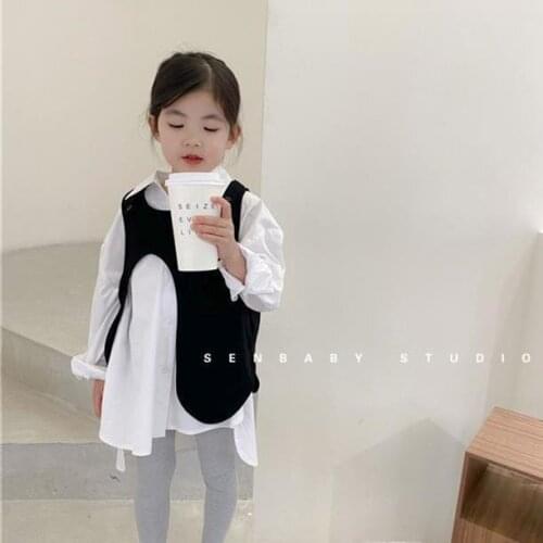 2021 spring and autumn white long shirt irregular black vest vest vest fashion suit kids clothes