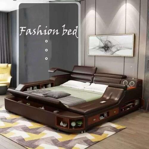 High Quality Genuine leather bed frame Soft Beds massager storage safe for bedroom