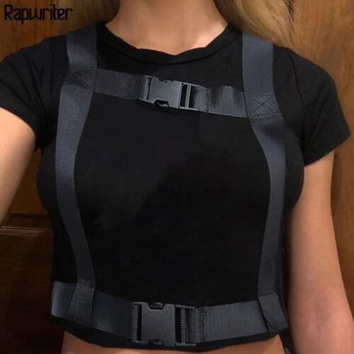 Rapwriter Gothic Patchwork Buckle Ribbon Black Slim female T-shirt Women harajuku Short Sleeve O-Neck Femme Summer Crop Tops