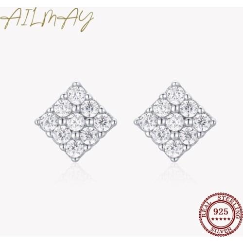 Ailmay Real 925 Sterling Silver Shining Zircon Square Stud Earrings For Women Wedding Engagement Fine Jewelry Gift