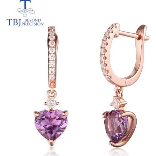 TBJ, Natural gemstone amethyst clasp earring 925 sterling silver rose gold color simple style for girl party wear nice jewelry