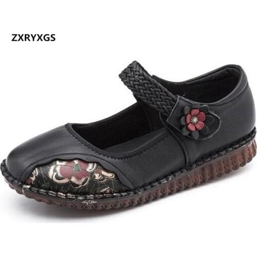 New Fashion Mother Flats Shoes Soft Sole Non-slip Comfortable Shoes Flowers Printing Genuine Leather Shoes Woman Casual Shoes