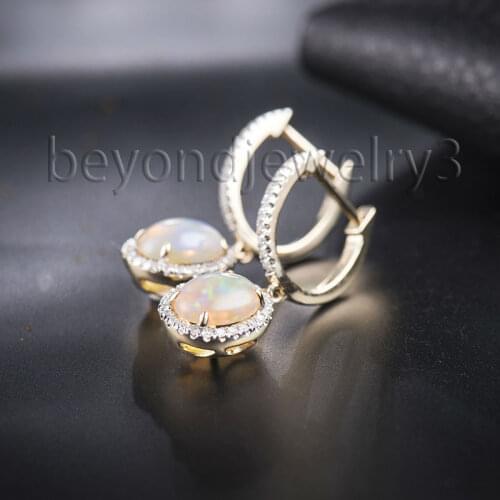 Vintage 14Kt Yellow Gold Fire Opal Earrings For Women, 585 Yellow Diamond Opal Drop Earrings For Sale E00038B
