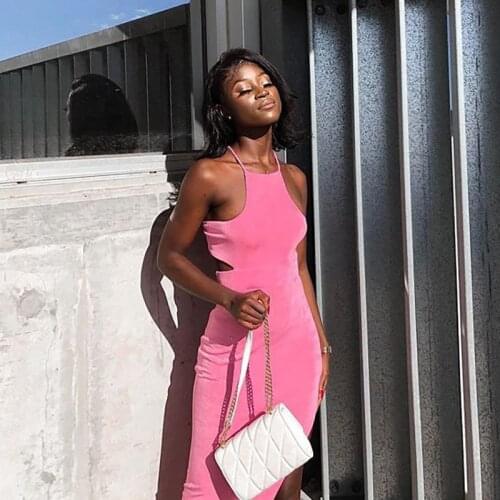 Tinastyle Elegant Halter Sexy Bodycon Dress Women Sleeveless Backless High Slit Long Party Dress Hollow Out Casual Beach Dress