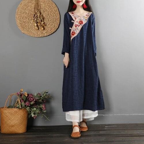 Vintage Embroidery Loose Cheongsam Long Sleeve Women Dress Chinese Style Maxi Retro Robe Mandarin Collar Dresses Womens TA1808