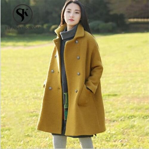 Winter Coat Women High quality Thick Warm Wool Coat Fashion Double Breasted Turn-down Collar Loose Wool blend Overcoat Female