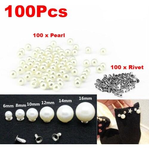 100pcs DIY Leather Crafts Pearls Rivets Studs 6/8/10/12/14/16mm Silver and Ivory for Bag Shoes Clothes Decorations