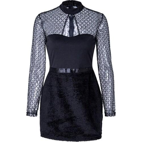 BacklakeGirls 2020 Sexy Transparent Neck Long Sleeve Mesh Cocktail Dress Mini Bodycon Dresses Night Club Dress Vestidos Cortos