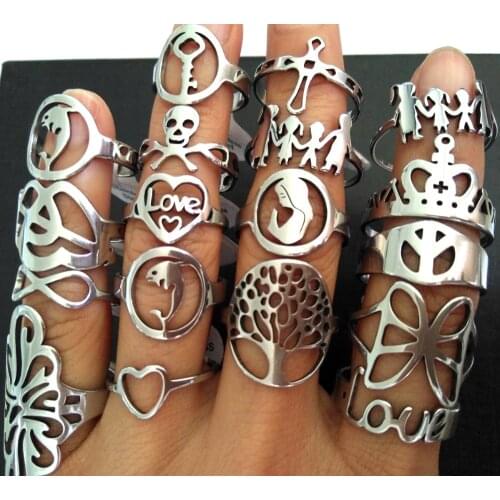 50pcs Top Mix Womens Silver Stainless Steel Rings High Polished Ladies Love Cross Skull Tree Rings Girls Crown Family Key Rings