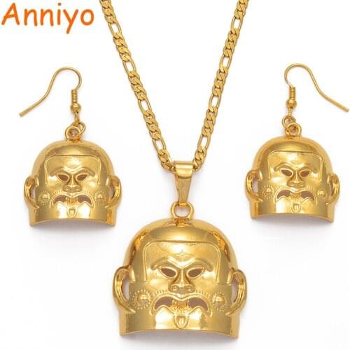 Anniyo BIG Earrings Gold Color Mask PNG Necklaces sets for Women,Papua New Guinea Asaro Mudmen Ethnic Jewelry Gift #107206