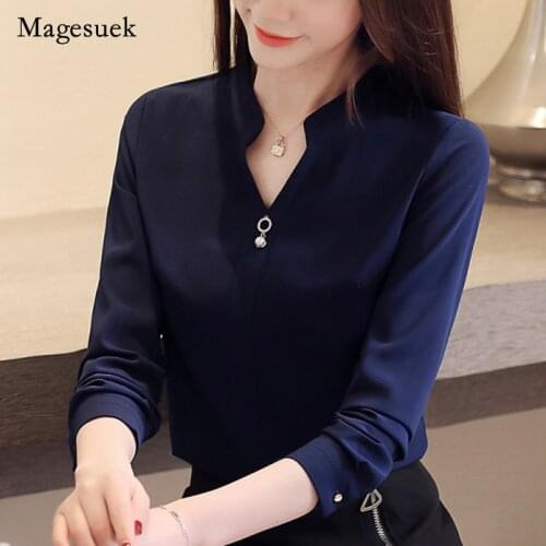 Blusas Mujer De Moda 2021 Harajuku Beading Chiffon Blouse Womens Tops and Blouses Solid V-Neck White Shirts 2412 50