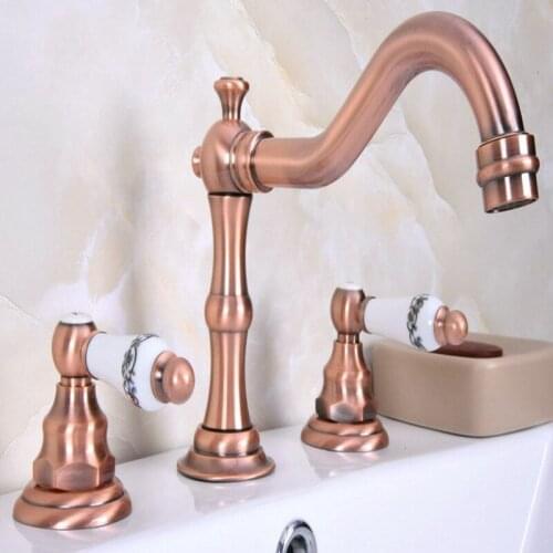 Deck Mounted 3 Holes Bath Tub Mixer Tap Vintage Retro Antique Red Copper Brass Widespread 2 Handles bathroom basin Faucet arg061