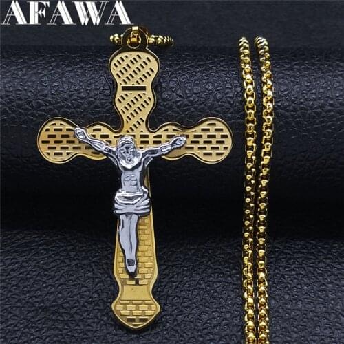 2021 Christian Stainless Steel Cross Jesus Necklace Chain for Women Gold Color Big Long Necklace Jewelry cruz colgante N4500S02