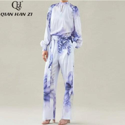 Qian Han Zi designer fashion runway sets womens long sleeve top/shirt+blue and white porcelain printing long 2-piece pants set