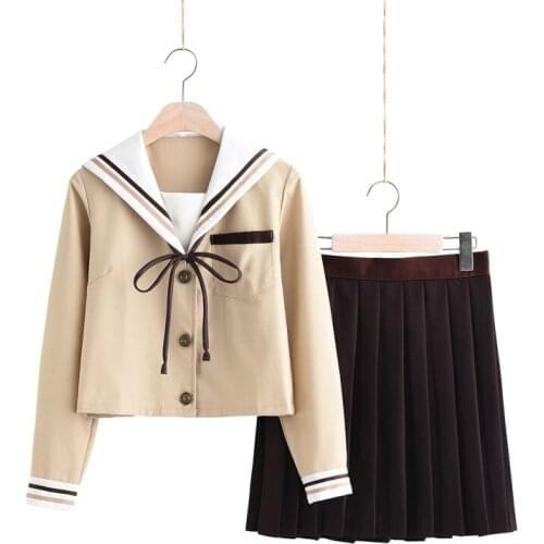 School Dresses Jk Uniforms khaki Sailor Suit Anime Pleated Skirt Uniform Dress For High School Girls Students With bow Tie
