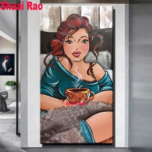 Sexy Woman 5d diy diamond painting"Fat Lady Tea Painting" embroidery full square/round diamond mosaic Portrait,Home Gift