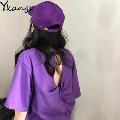 Summer Oversized Womens Back Hollow T-shirt Y2k Harajuku Short Sleeve Crop Top Backless Purple Solid Sexy Fashion Blouse Female