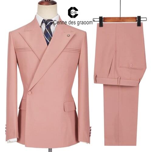 Cenne Des Graoom Mens Suits One Button Double Breasted Pink Tailor-Made Blazer Pants Business Causal Party Singer Groom Wedding