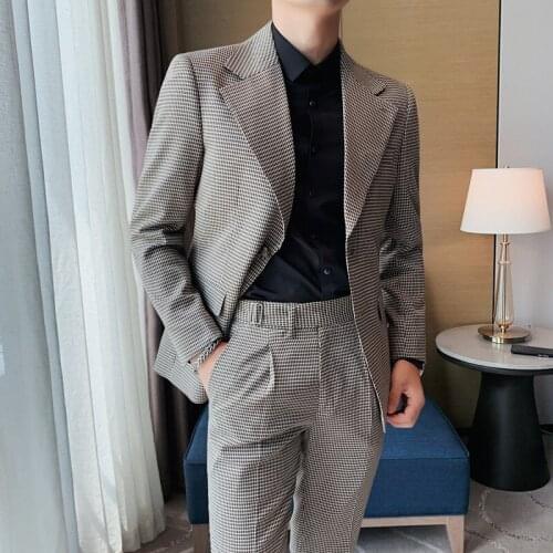 Mens Houndstooth Wedding Suits 2021 Business Formal Casual Suits 2 Pieces Blazer Trousers Office Work Party Prom Costume Homme