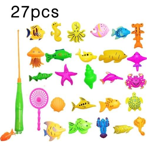 27Pcs Set Plastic Magnetic Fishing Toy Baby Bath Toy Fishing Game Kids 1 Poles 1 Nets 25 Magnet Fish Indoor Outdoor Fishing Toy