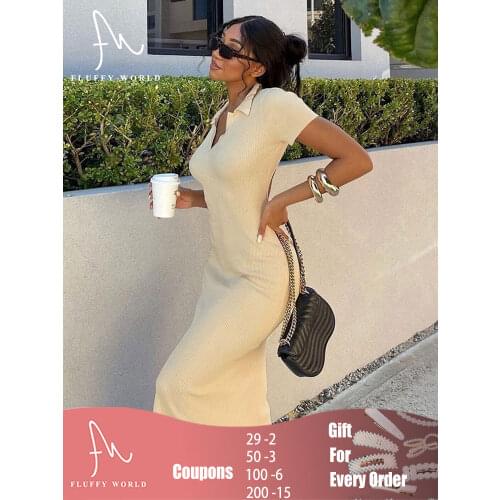 Ribbed Solid Color Midi Dress Sexy Turndown Collar Short Sleeve Backless Bodycon Streetwear Party Club Elegant Summer Dresses