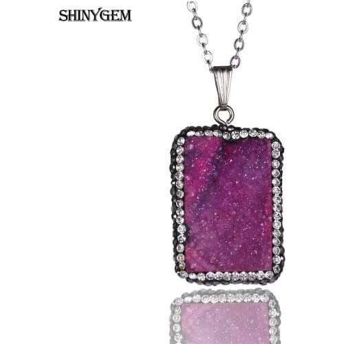 ShinyGem Big Crystal Tag Necklaces Rectangle Solid Real Druzy Natural Stone Pendant Necklaces For Women Colorful Fashion Jewelry