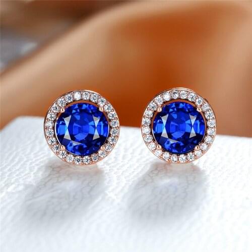 Simple Female Blue Crystal Stud Earrings Charm Rose Gold Color Wedding Earrings For Women Dainty Round Zircon Small Earrings