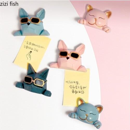 Resin Cartoons Animal Fridge Magnet Cat Head Dog Head Magnetic Refrigerator Magnet Decorative Figurines Crafts Home Decoration