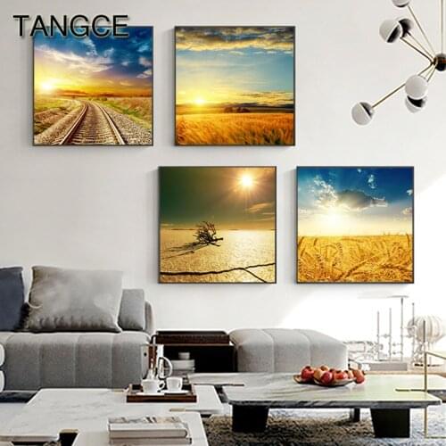 Modern Harvest Field Outskirt Landscape Canvas Painting Yellow Poster Print Fashion Wall Art for Living Room Photography Picture